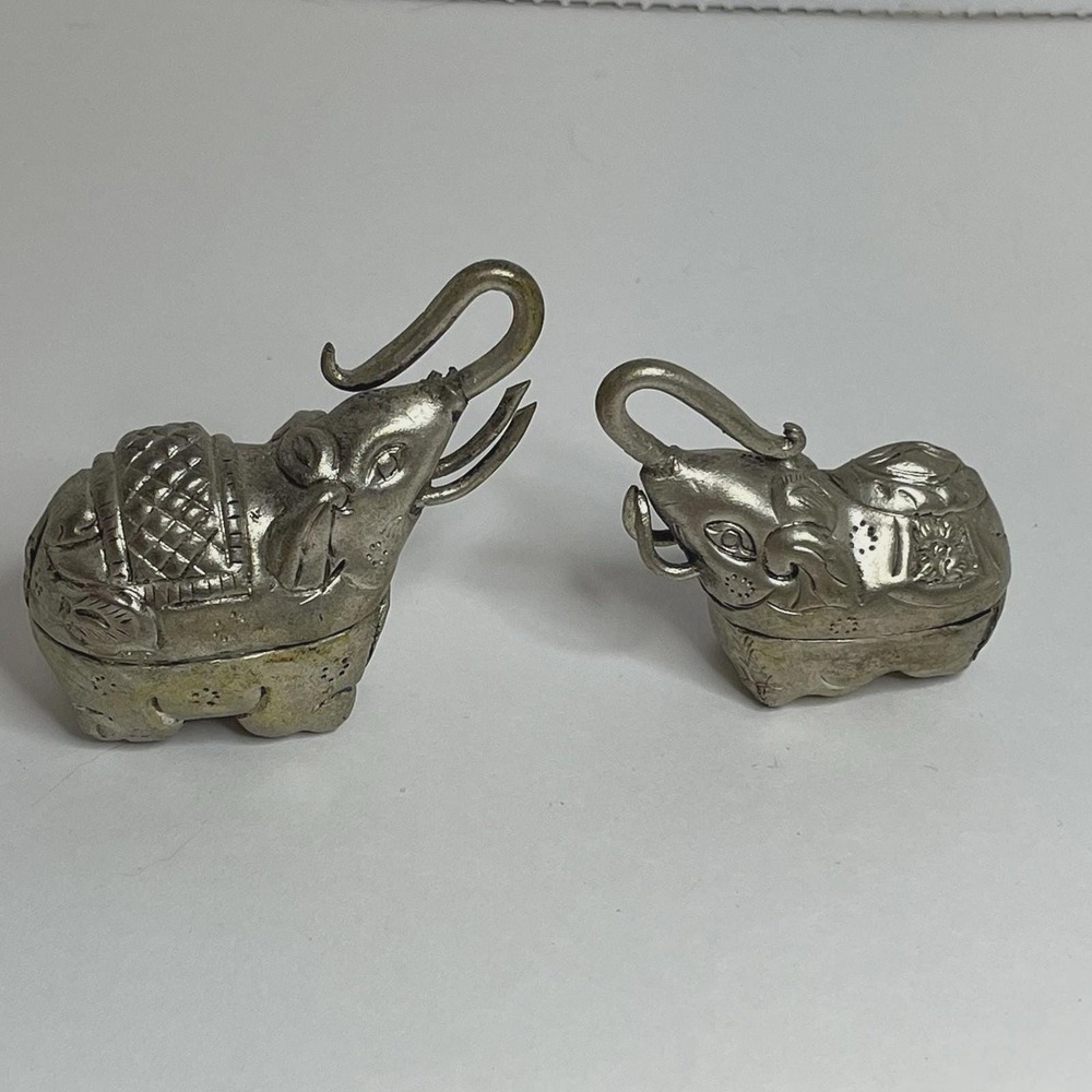 2 Indian Mughal Silver Plated Ceremonial Elephant Figure Pill Box Trinket Boxes